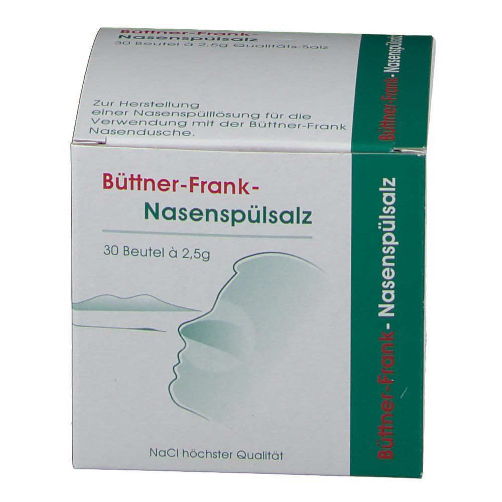 Karton Büttner-Frank-Nasenspülsalz. Weiß mit grünen Akzenten. Aufdruck: 30 Beutel à 2,5g. Profilzeichnung. NaCl höchster Qualität.