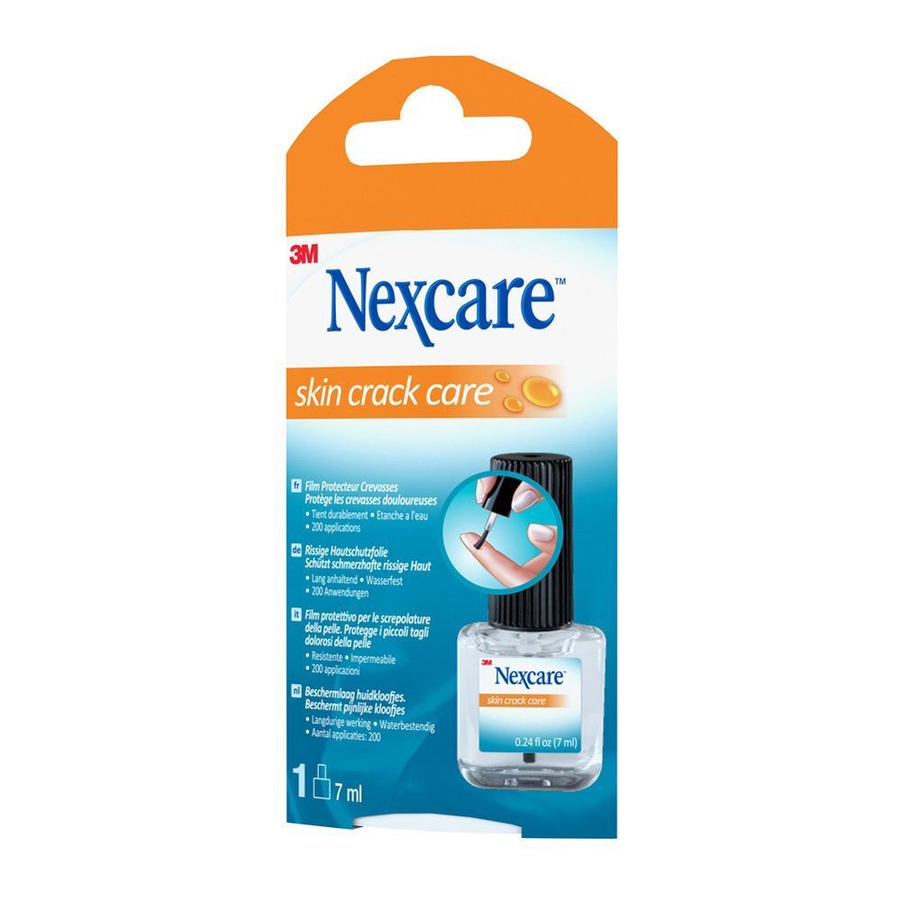 Nexcare skin crack care in orangefarbener Verpackung. Fläschchen mit Pinsel. Produktname und Logo sichtbar.