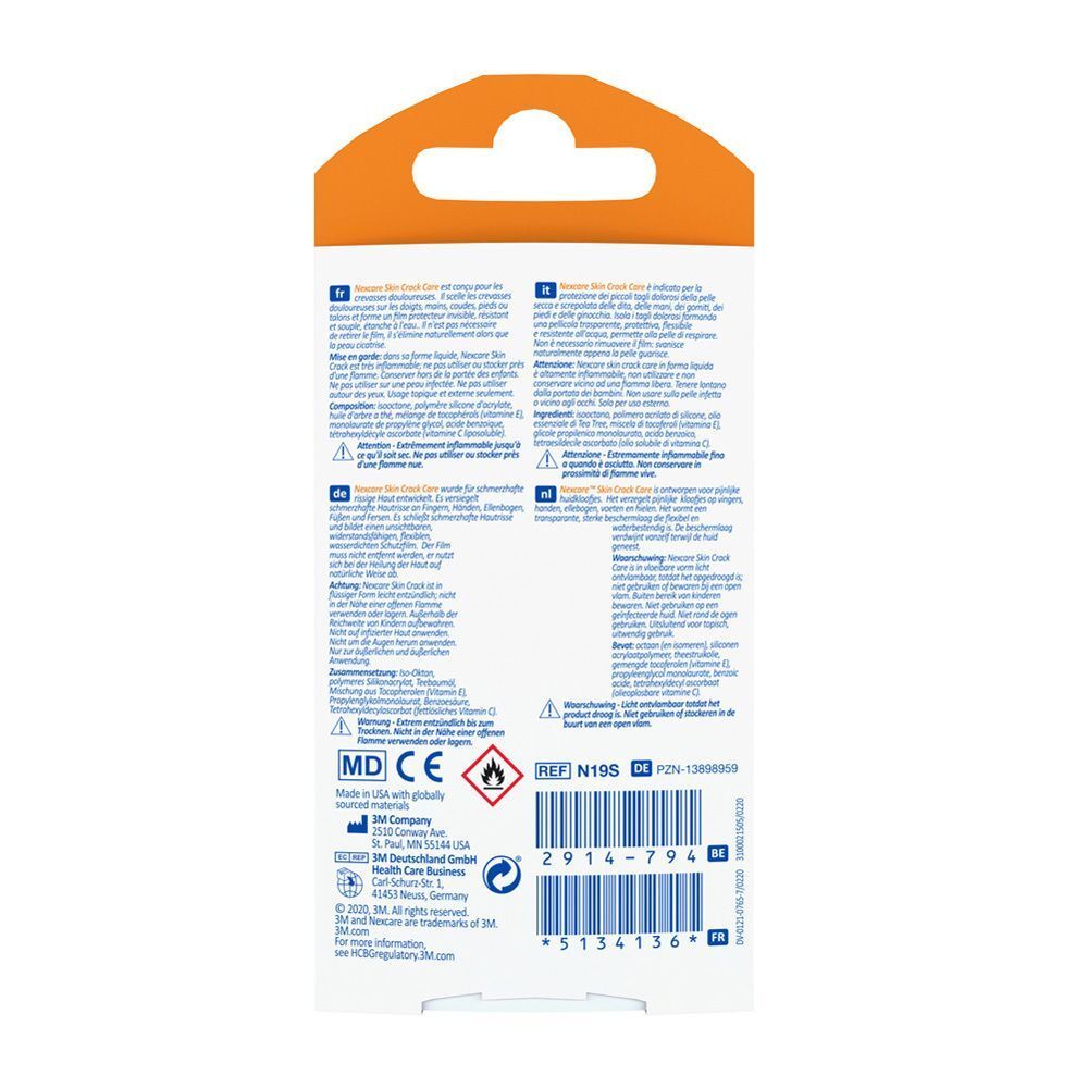 Rückseite der Verpackung von Nexcare skin crack care. Text in mehreren Sprachen. CE-Kennzeichnung und andere Symbole.