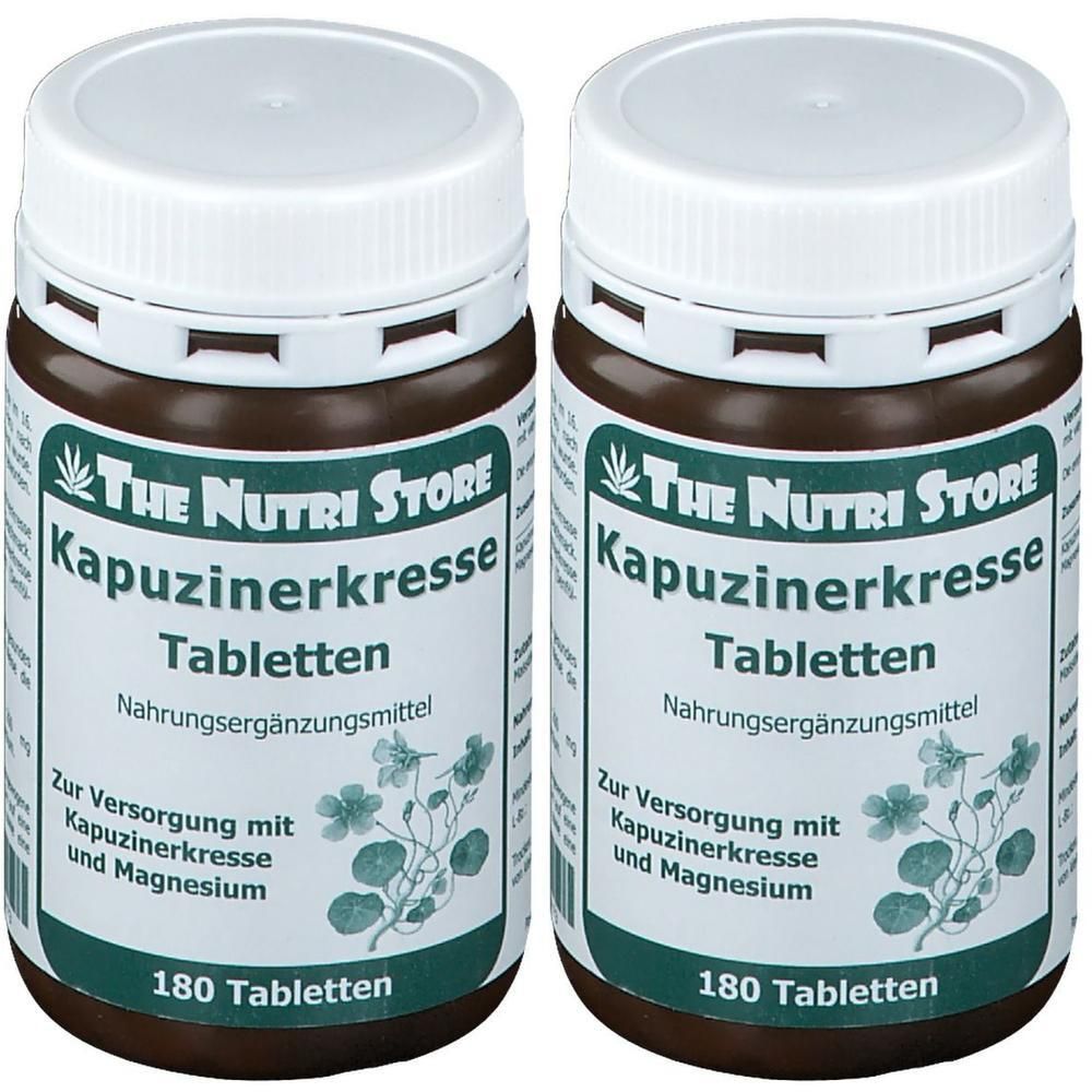 Zwei braune Flaschen mit weißen Deckeln. Aufschrift: Kapuzinerkresse Tabletten, 180 Tabletten. Marke: The Nutri Store.
