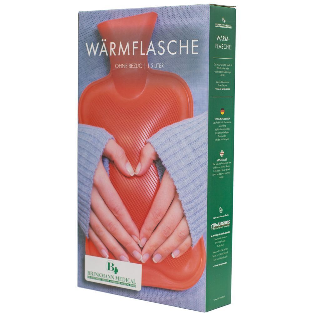 Verpackung mit Wärmflasche. Rote Flasche, Hände halten sie. Text: Wärmflasche, 1,5 Liter, Brinkmann Medical.