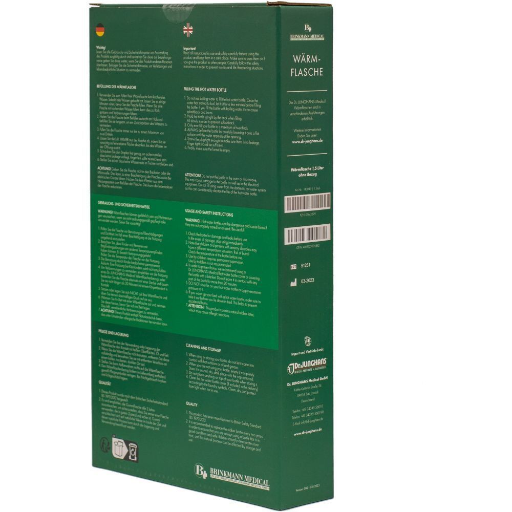 Rückseite der Verpackung. Text in Deutsch, Englisch, Französisch. Barcode, Logo Brinkmann Medical, Wärmflasche.