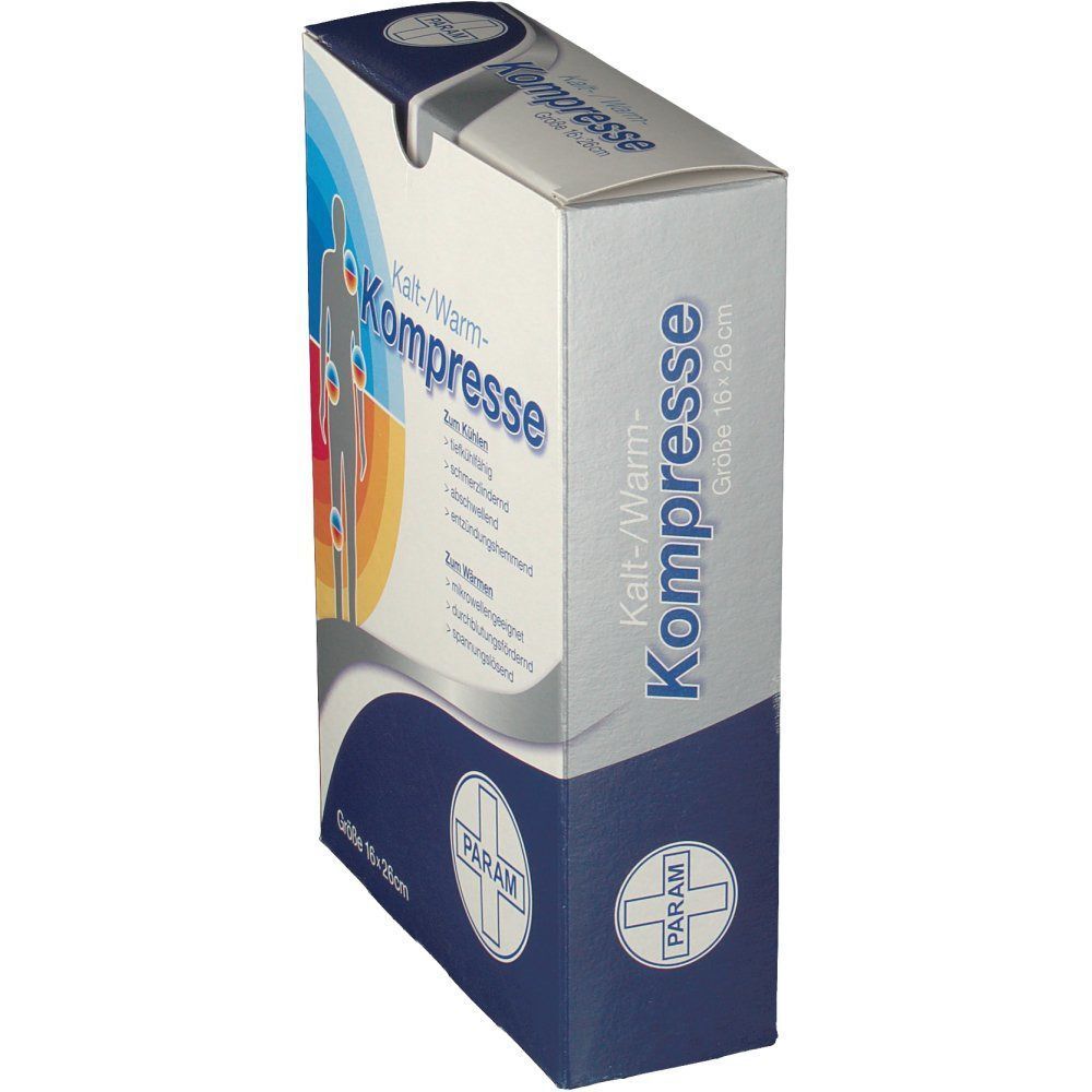 Karton PARAM Kalt-/Warm-Kompresse. Größe 16 x 26 cm. Blaue, weiße und rote Verpackung mit Produktinformationen und Logo.