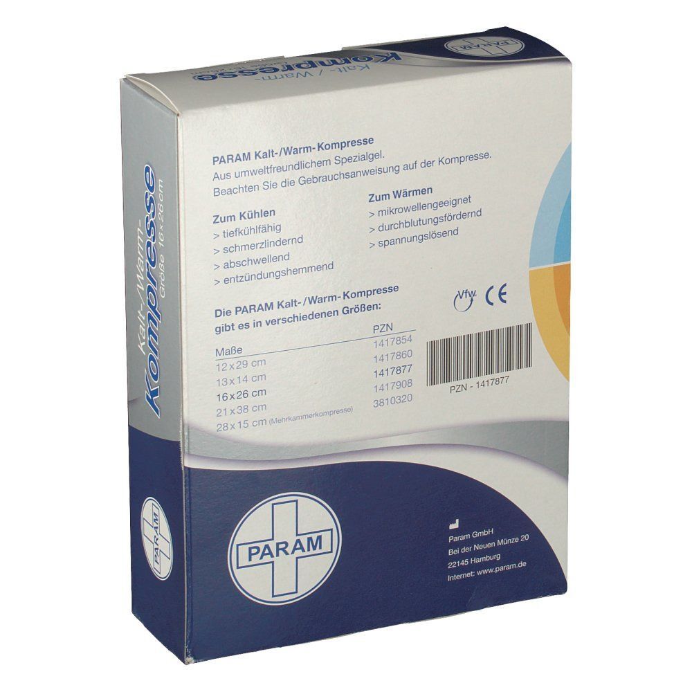 Rückseite der PARAM Kalt-/Warm-Kompresse Verpackung. Produktinformationen, Größenangaben, CE-Zeichen und Logo.