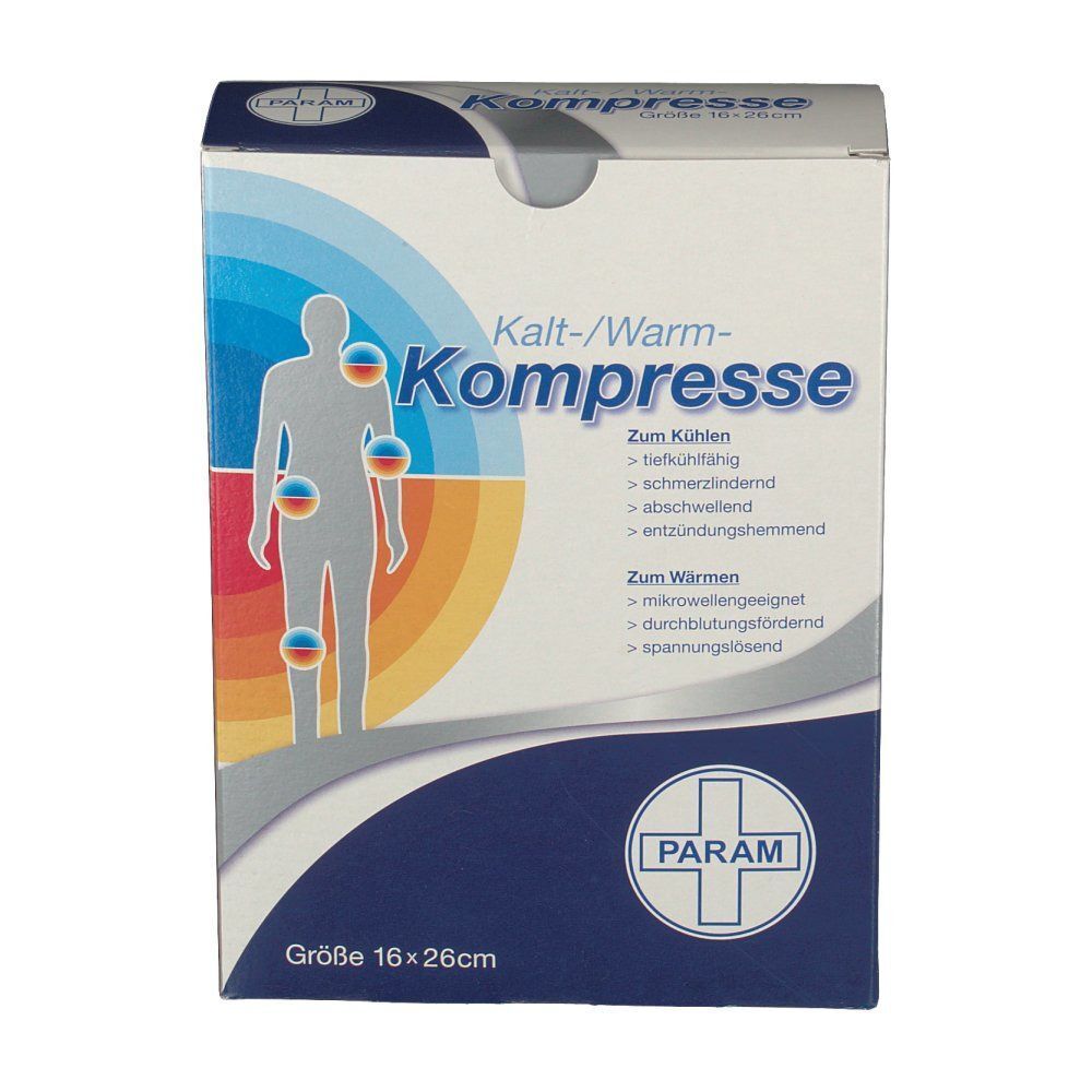 Vorderseite der PARAM Kalt-/Warm-Kompresse Verpackung. Größe 16 x 26 cm. Blaue, weiße und rote Verpackung mit Produktinformationen und Logo.