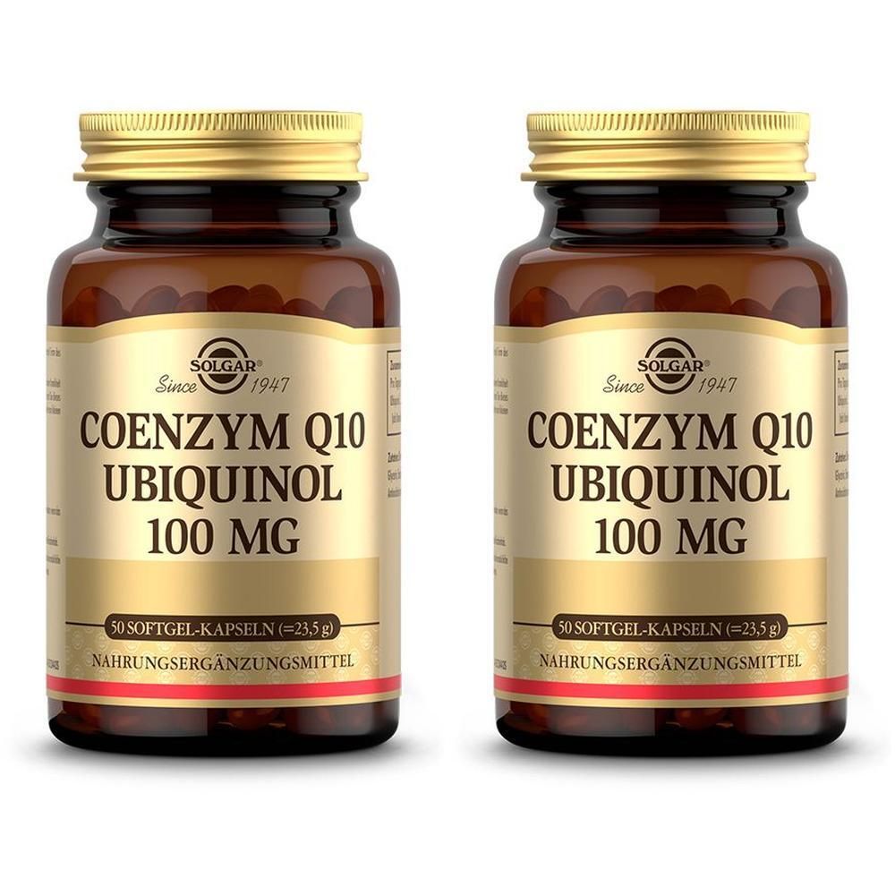 Zwei braune Glasflaschen mit goldenen Deckeln. Etiketten mit Text: Coenzym Q10 Ubichinol 100 mg. 50 Softgel-Kapseln.