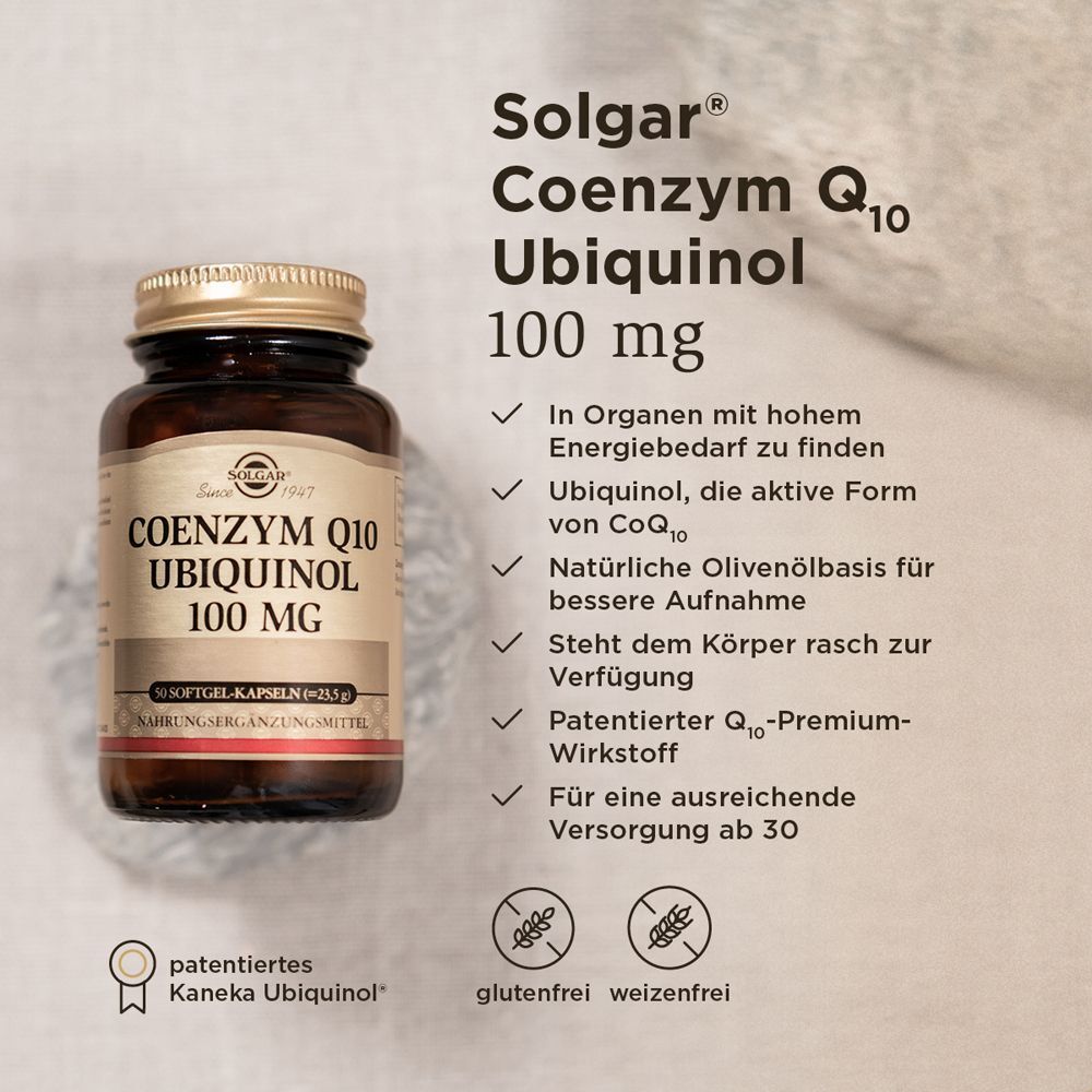 Braune Flasche mit goldenem Deckel. Text: Coenzym Q10 Ubichinol 100 mg. Zusätzlicher Text und Symbole.