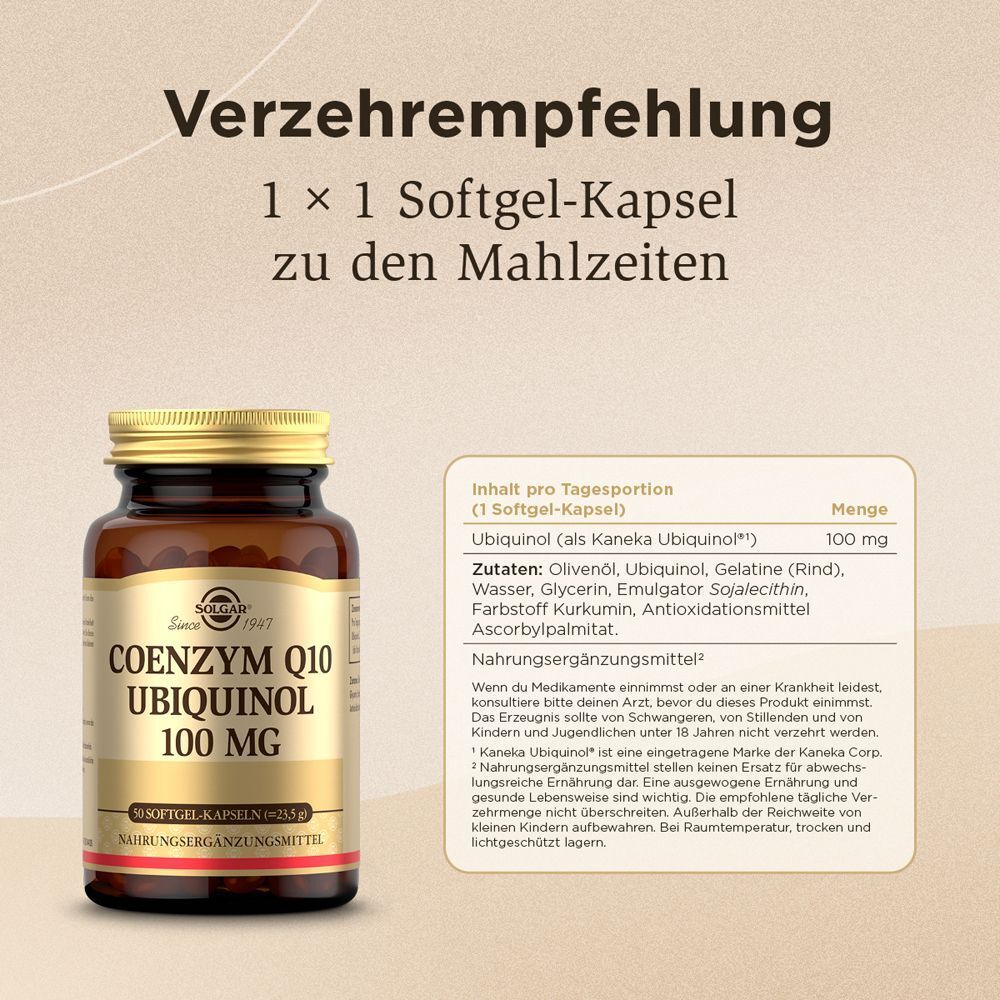 Braune Flasche mit goldenem Deckel. Text: Coenzym Q10 Ubichinol 100 mg. Text über Inhaltsstoffe und Dosierung.