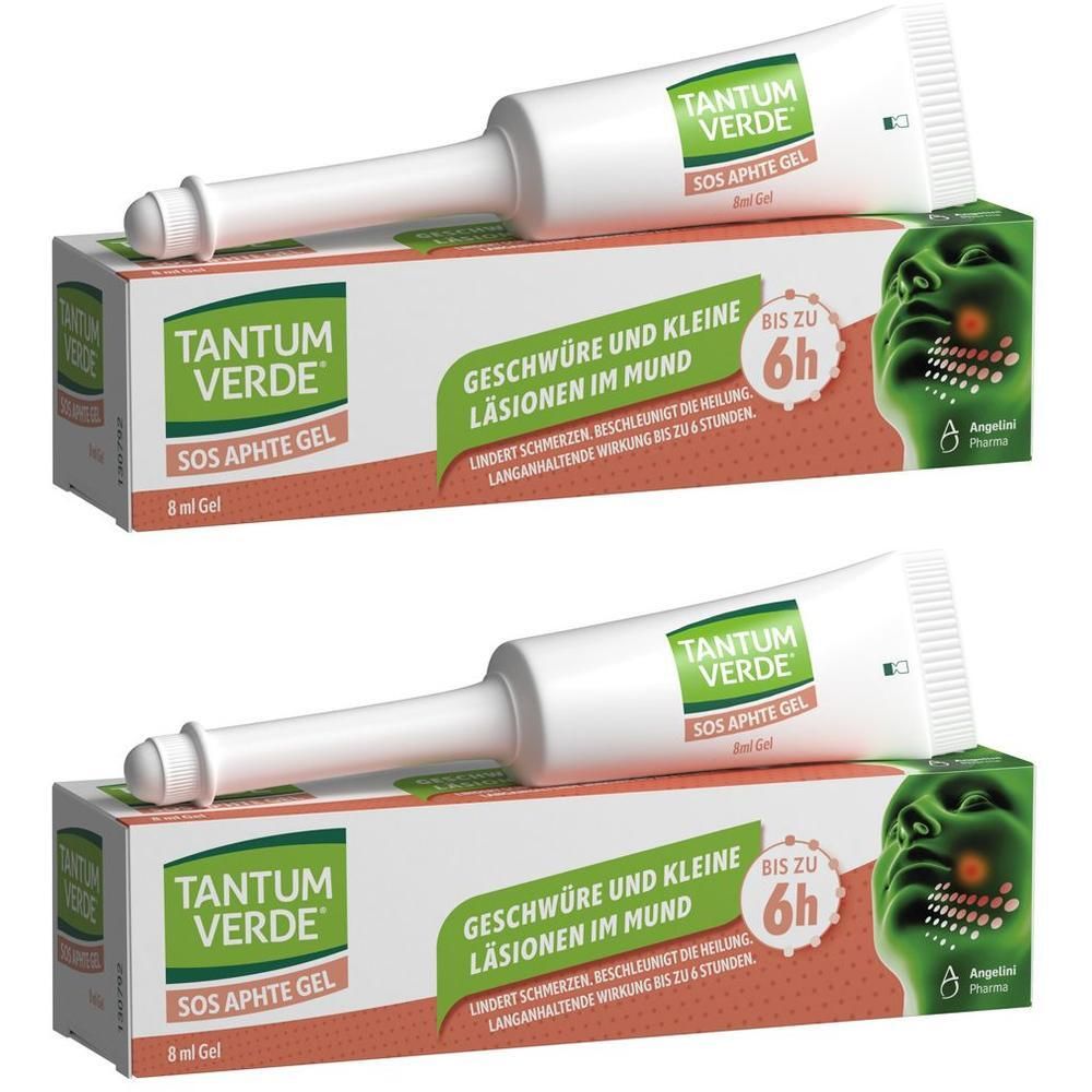 Zwei Tuben TANTUM VERDE SOS Aphte Gel mit Applikator und Verpackung. Auf der Verpackung steht: Geschwüre und kleine Läsionen im Mund.