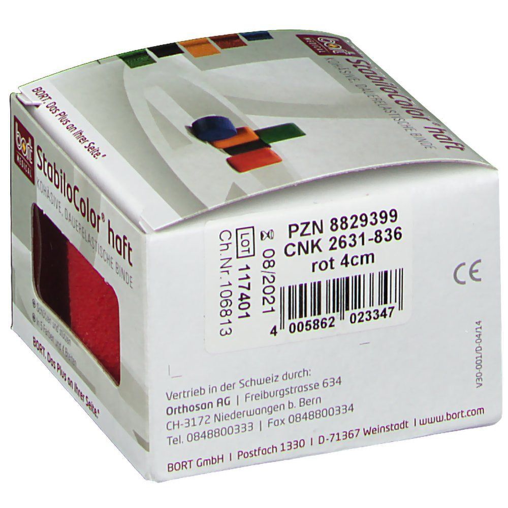 Karton BORT StabiloColor haft Binde, rot. Produktinformationen und Barcode. CE-Kennzeichnung. 4 cm breit.