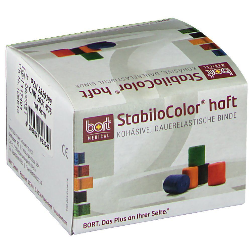 Karton BORT StabiloColor haft Binde, rot. Produktinformationen und farbige Blöcke. CE-Kennzeichnung. 4 cm breit.
