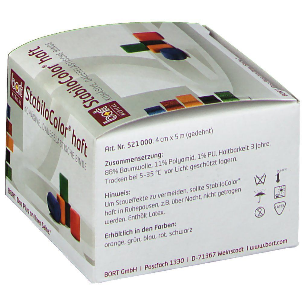 Karton BORT StabiloColor haft Binde, rot. Produktzusammensetzung und Pflegehinweise. 4 cm x 5 m.