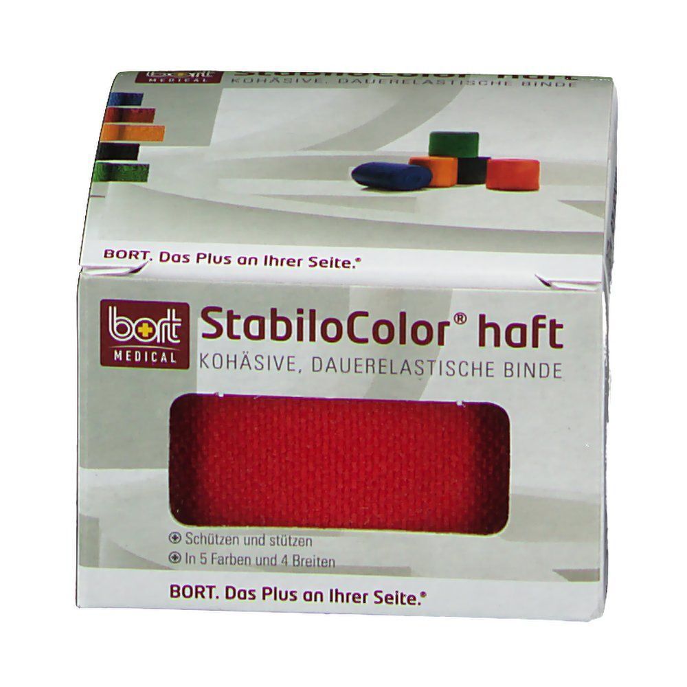 Karton BORT StabiloColor haft Binde, rot. Sichtfenster zeigt das Produkt. Produktinformationen und farbige Blöcke.