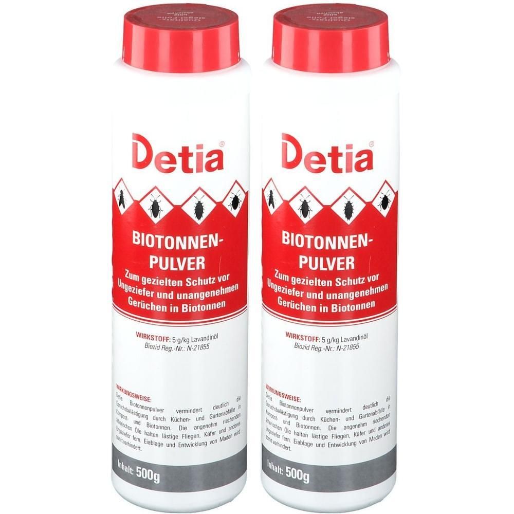 Zwei weiße Flaschen mit rotem Deckel. Aufschrift: Detia, BIOTONNEN-PULVER. Enthält 500g.