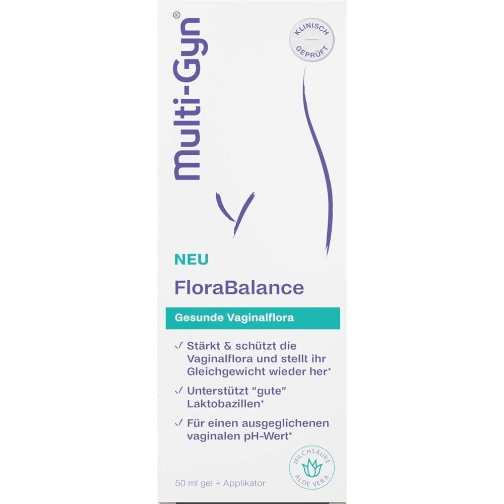 Aufrechte Packung MULTI-GYN FloraBalance Vaginalgel. Weiße Schachtel mit blauer und grüner Beschriftung und einem stilisierten Umriss.