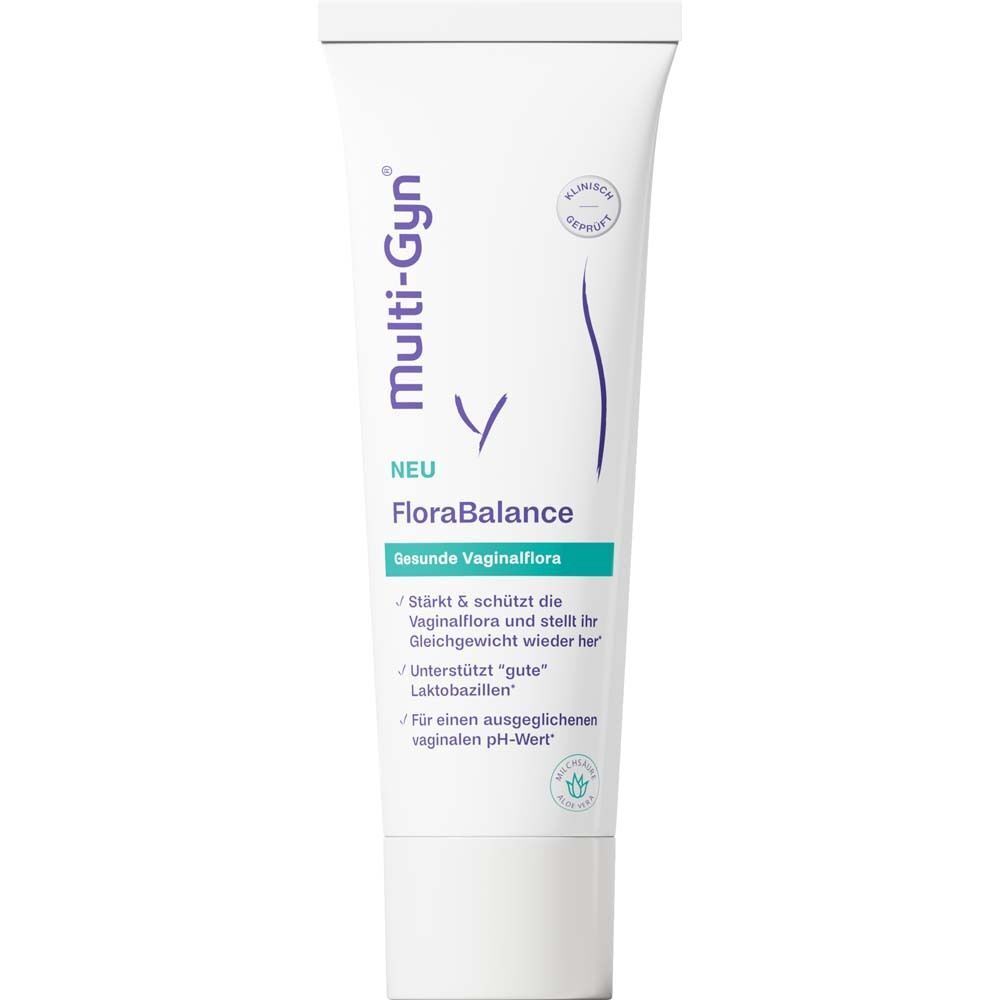 TUBE MULTI-GYN FloraBalance Vaginalgel. Weiße Tube mit blauer und grüner Beschriftung. Klinisch geprüft.