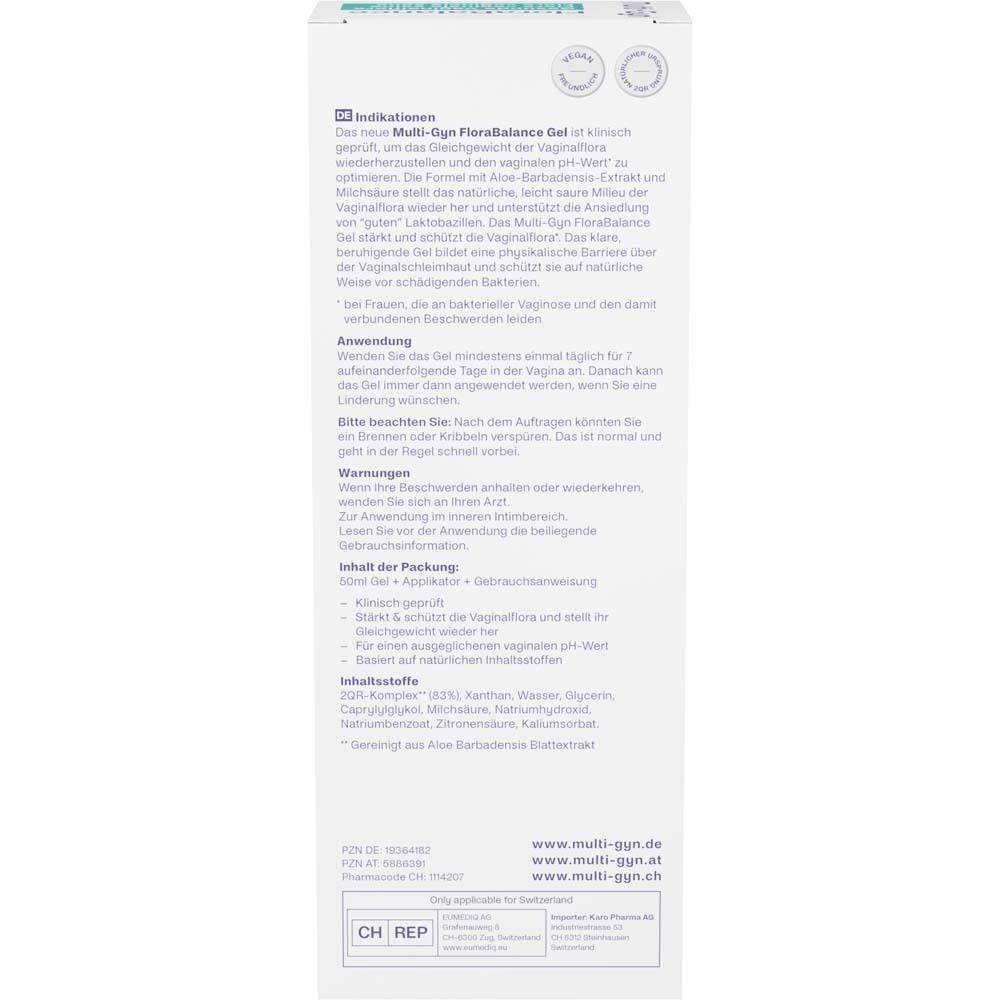 Rückseite der Packung MULTI-GYN FloraBalance Vaginalgel. Text in deutscher Sprache mit Produktinformationen und Inhaltsstoffen.