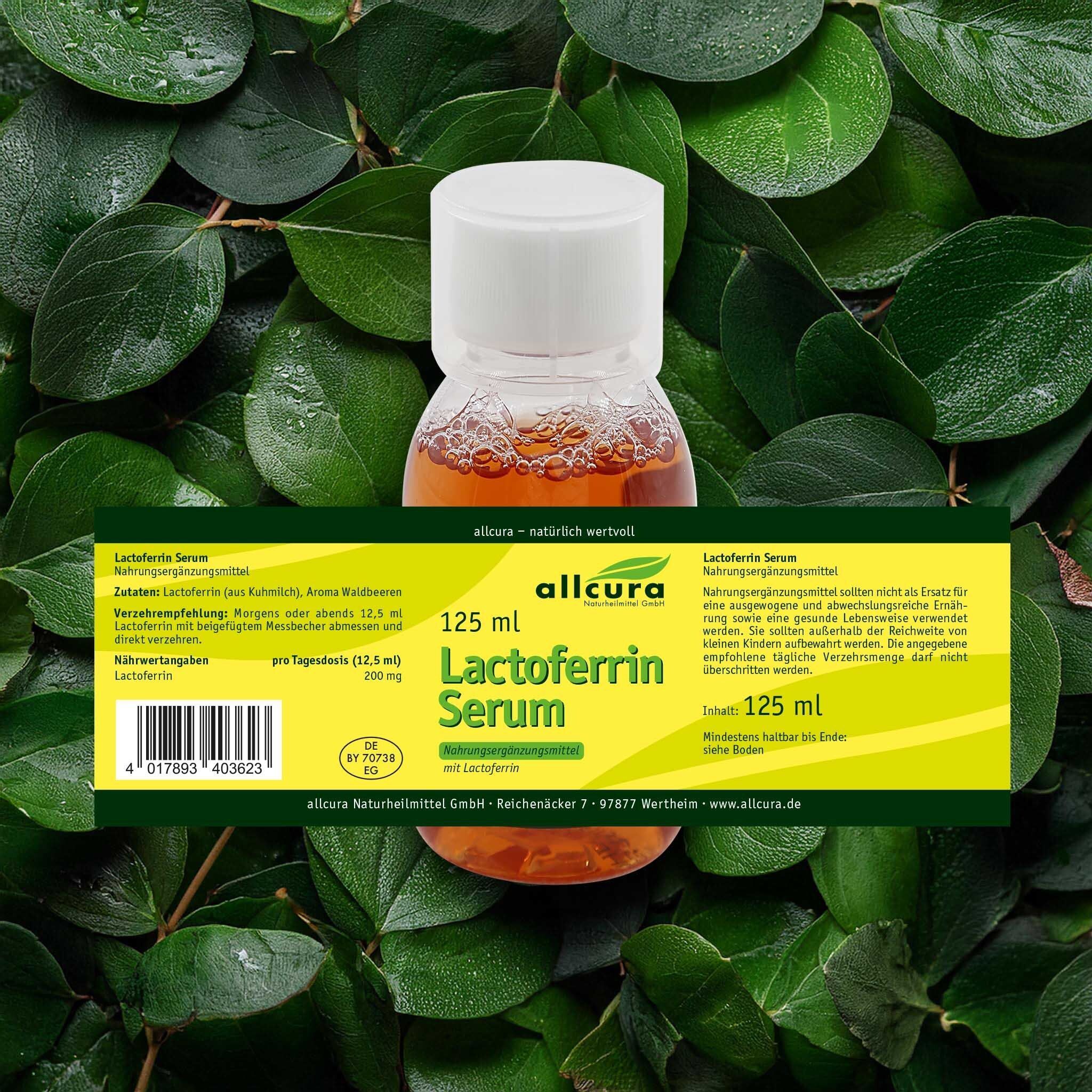 LACTOFERRIN Serum Flasche vor grünem Hintergrund. Gelbes Etikett mit Text. Weiße Kappe. 125 ml.
