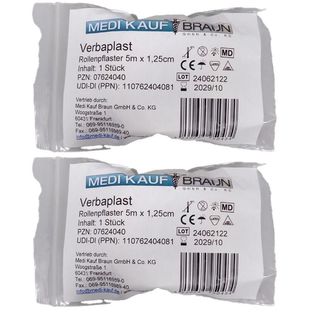 Zwei Packungen Verbandpflaster. Aufschrift: Verbaplast, 5m x 1,25cm. Mit CE-Kennzeichnung und Chargennummer.