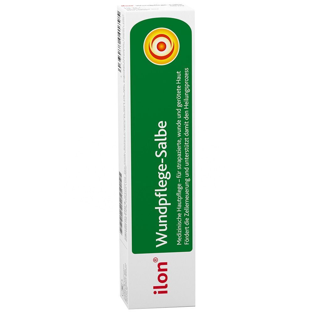 Schachtel mit "ilon Wundpflege-Salbe" Schriftzug. Grün-weiße Farbgebung.