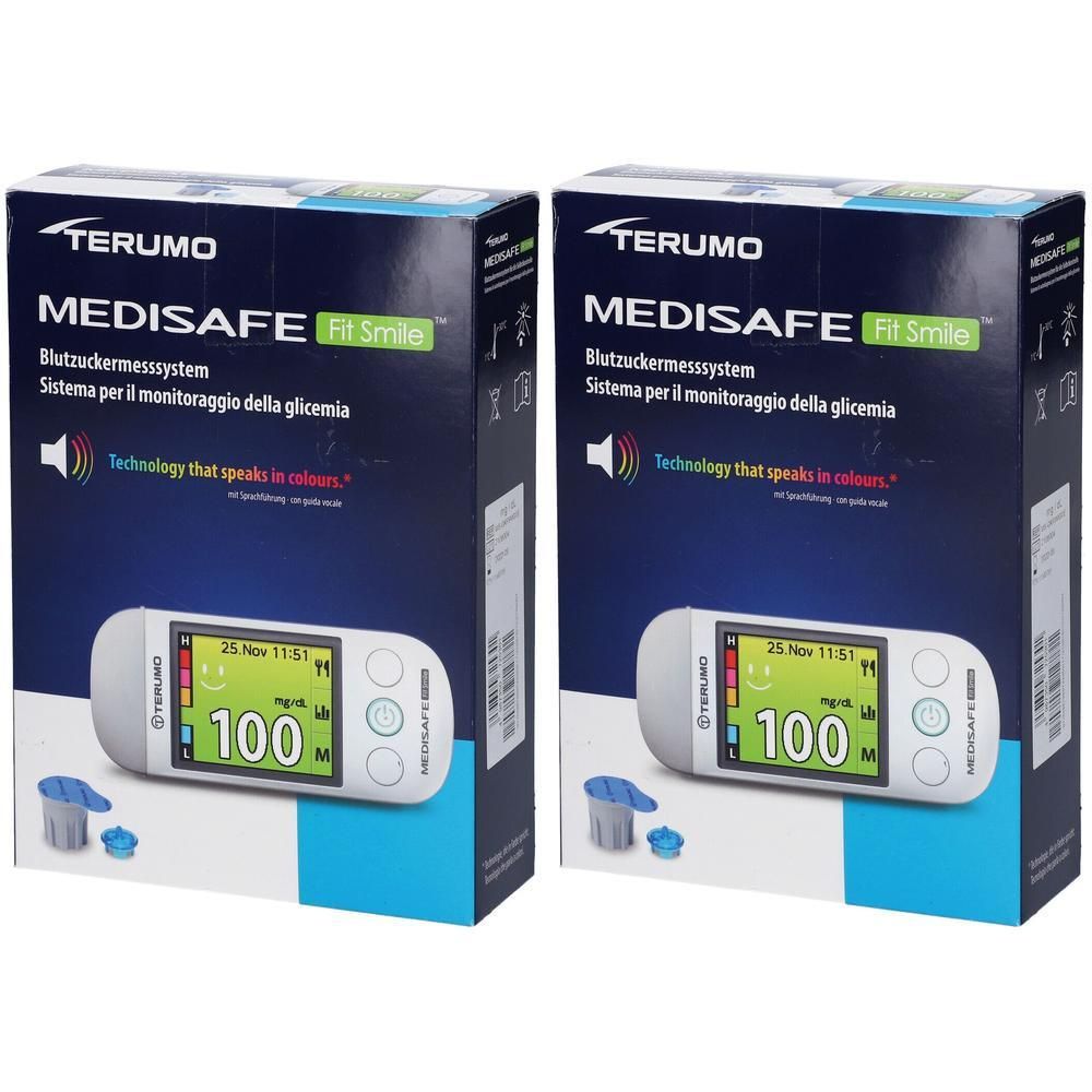 Zwei Packungen TERUMO Medisafe Fit Smile Blutzuckermesssystem. Jede Packung zeigt ein Messgerät und Zubehör. Text: MEDISAFE, Blutzuckermesssystem.