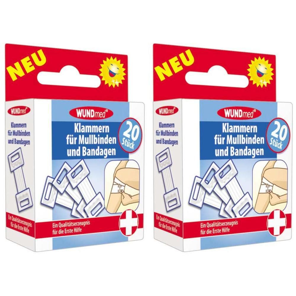 Zwei Packungen Klammern für Mullbinden und Bandagen. Aufschrift: WUNDmed, 20 Stück. Mit rotem "NEU" Schild.