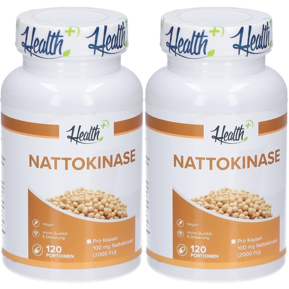 Zwei weiße Flaschen mit blauen Deckeln. Aufschrift Health+ Nattokinase. Jede Flasche enthält 120 Portionen. Vegan.