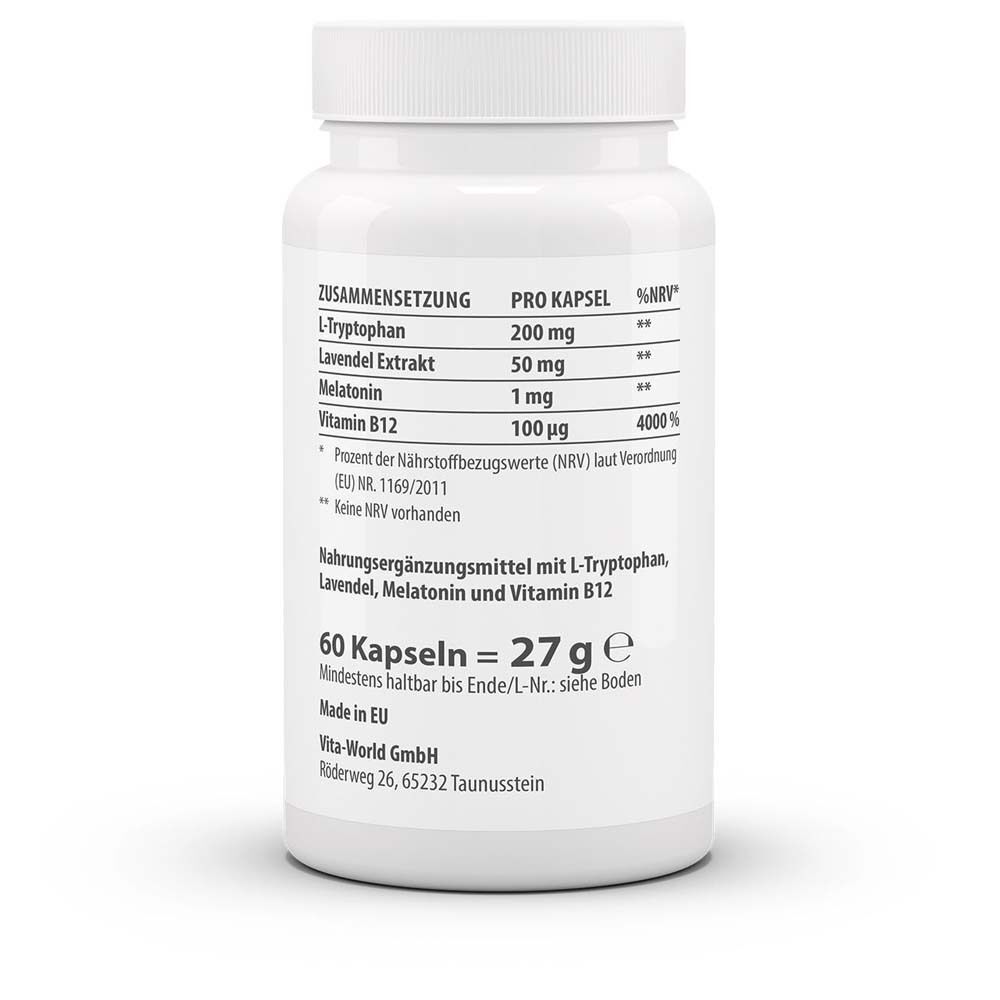 Weiße Pillendose mit Aufschrift: Zusammensetzung, Pro Kapsel, Melatonin 1 mg, Vitamin B12. 60 Kapseln = 27 g. Made in EU.