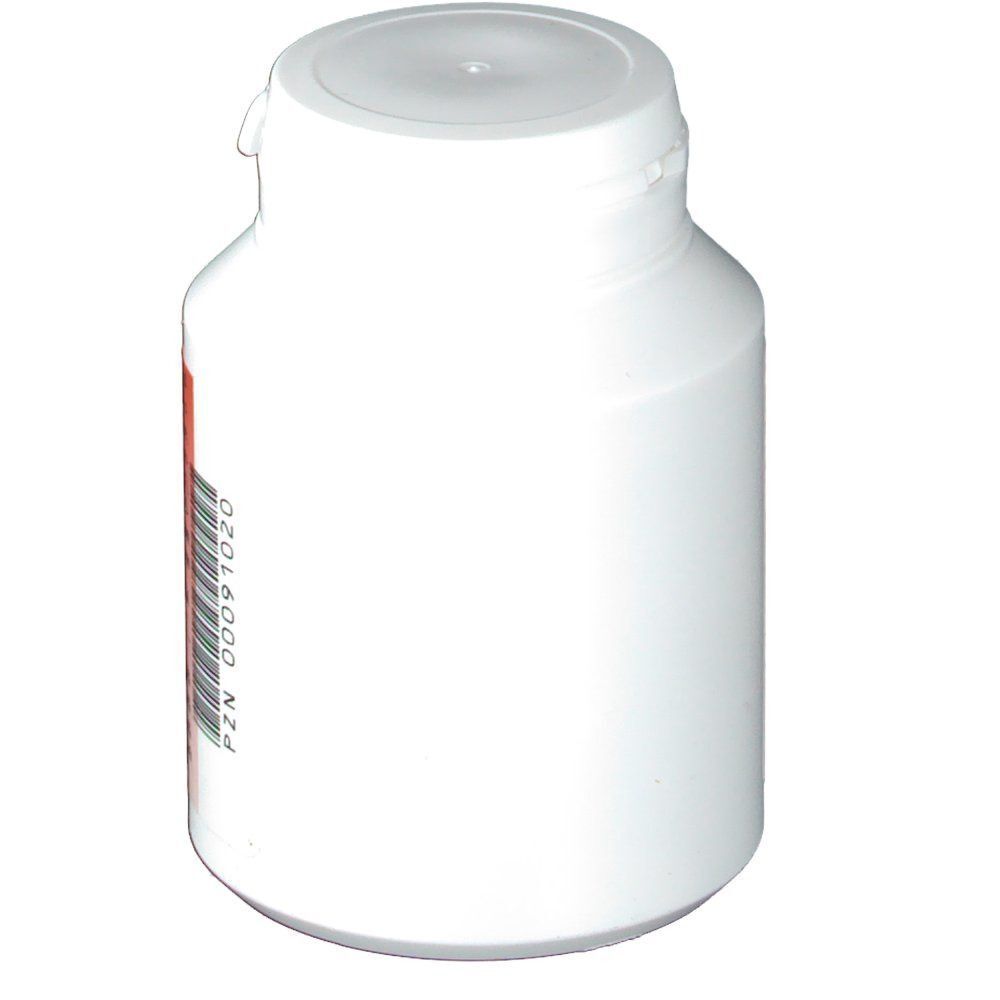 Weiße Flasche mit weißem Deckel. Auf der Seite ein rotes Etikett mit Barcode. Perspektivische Ansicht.