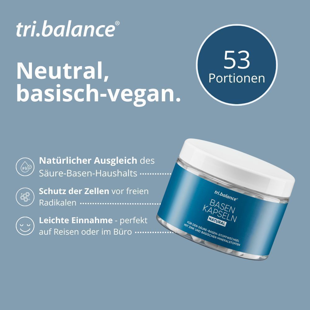 Dose TRI.BALANCE Basenkapseln NATURAL. Text: Neutral, basisch-vegan. 53 Portionen. Natürlicher Ausgleich.