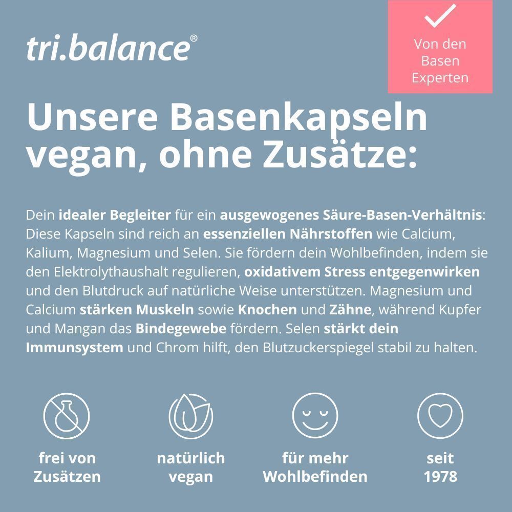 Text: Unsere Basenkapseln vegan, ohne Zusätze. Text über Inhaltsstoffe und Vorteile. Logo und Zertifikat.