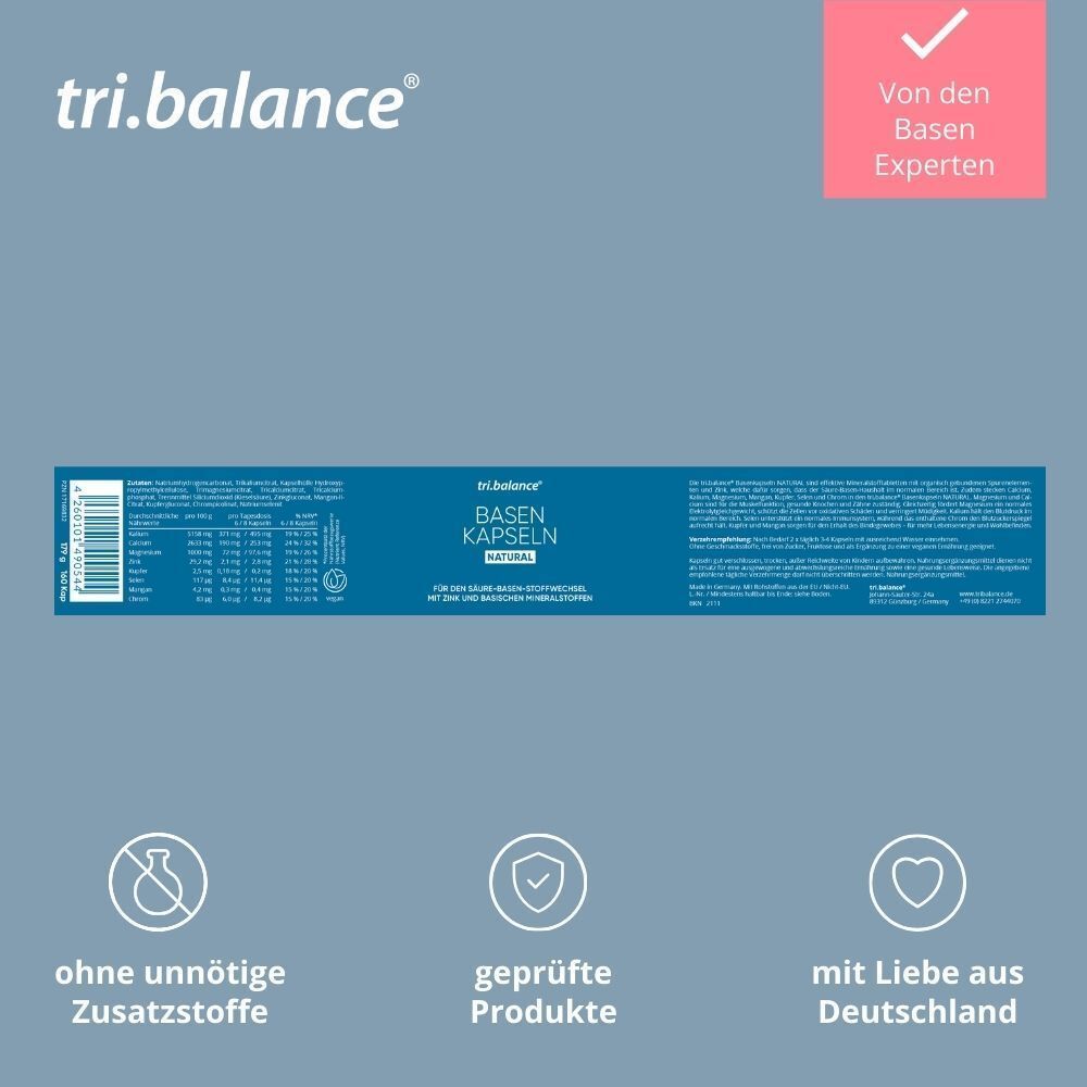 Verpackung TRI.BALANCE Basenkapseln NATURAL. Text: Ohne unnötige Zusatzstoffe. Geprüfte Produkte.
