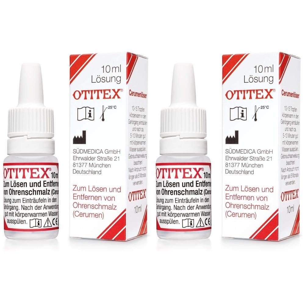 Zwei Otitex Ohrentropfen-Flaschen und zwei Faltschachteln, 10ml Lösung.