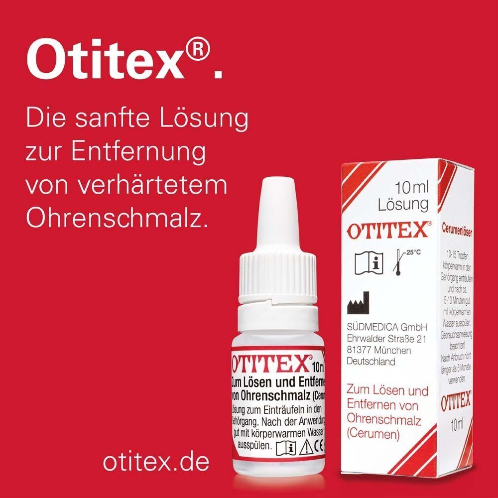 Otitex Ohrentropfen-Flasche und Faltschachtel auf rotem Hintergrund mit Text.