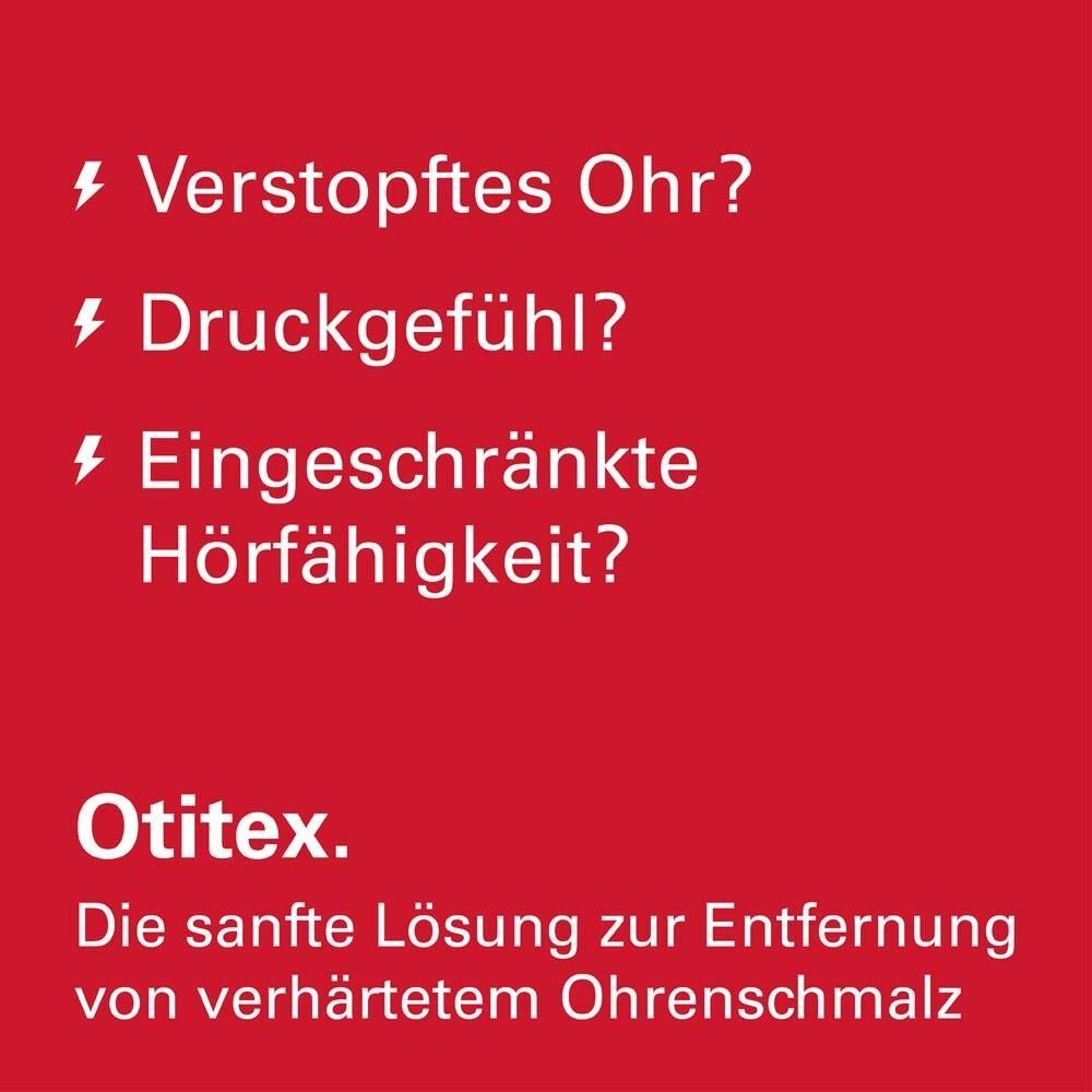 Liste von Symptomen und Produktname Otitex auf rotem Hintergrund.