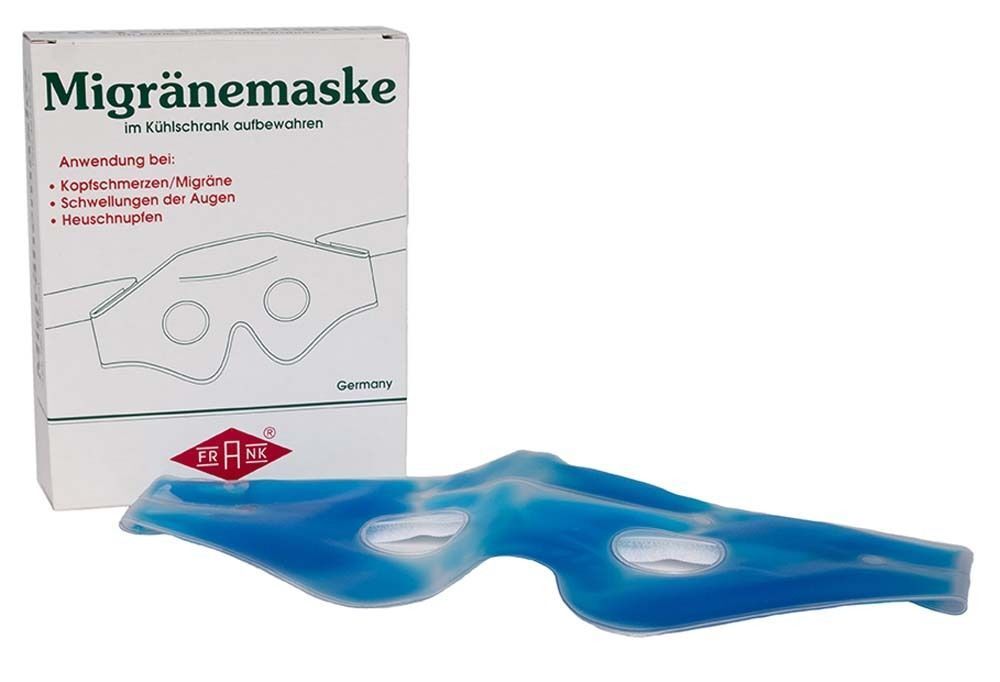 Verpackung und Migränemaske. Maske blau, gelartig. Verpackung weiß, grün, rot. Logo: FRANK. Anwendung bei Kopfschmerzen, Augen, Heuschnupfen.