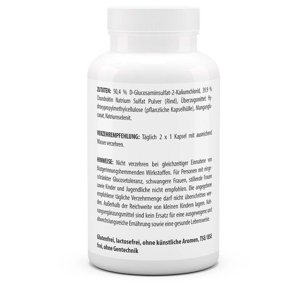 Weiße Pillenflasche. Rückseite mit Text. Zutaten, Verzehrempfehlung, Hinweise. Glutenfrei, lactosefrei, ohne künstliche Aromen, TSE/BSE frei, ohne Gentechnik.