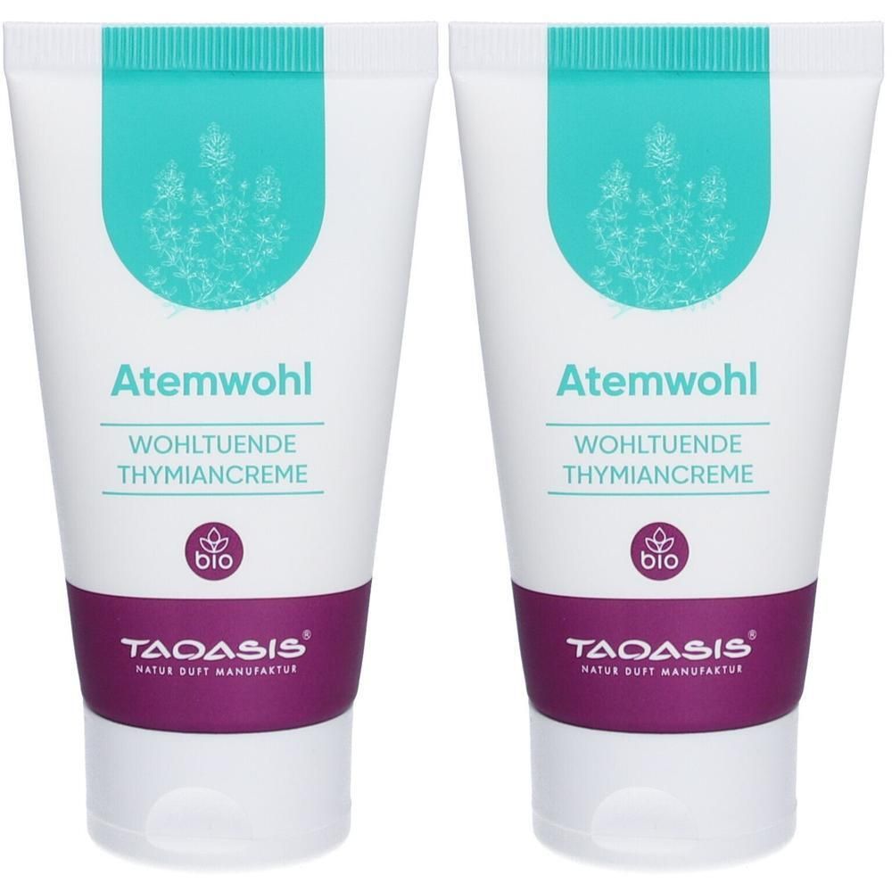 Zwei Tuben Creme. Auf jeder Tube steht "Atemwohl", "Wohlthuende Thymiancreme" und "bio". Der Markenname ist "TAOASIS".