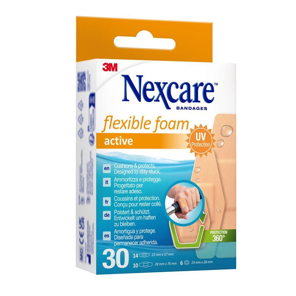 Nexcare flexible foam active Pflasterpackung. Enthält 30 Pflaster in verschiedenen Größen. UV-Schutz.