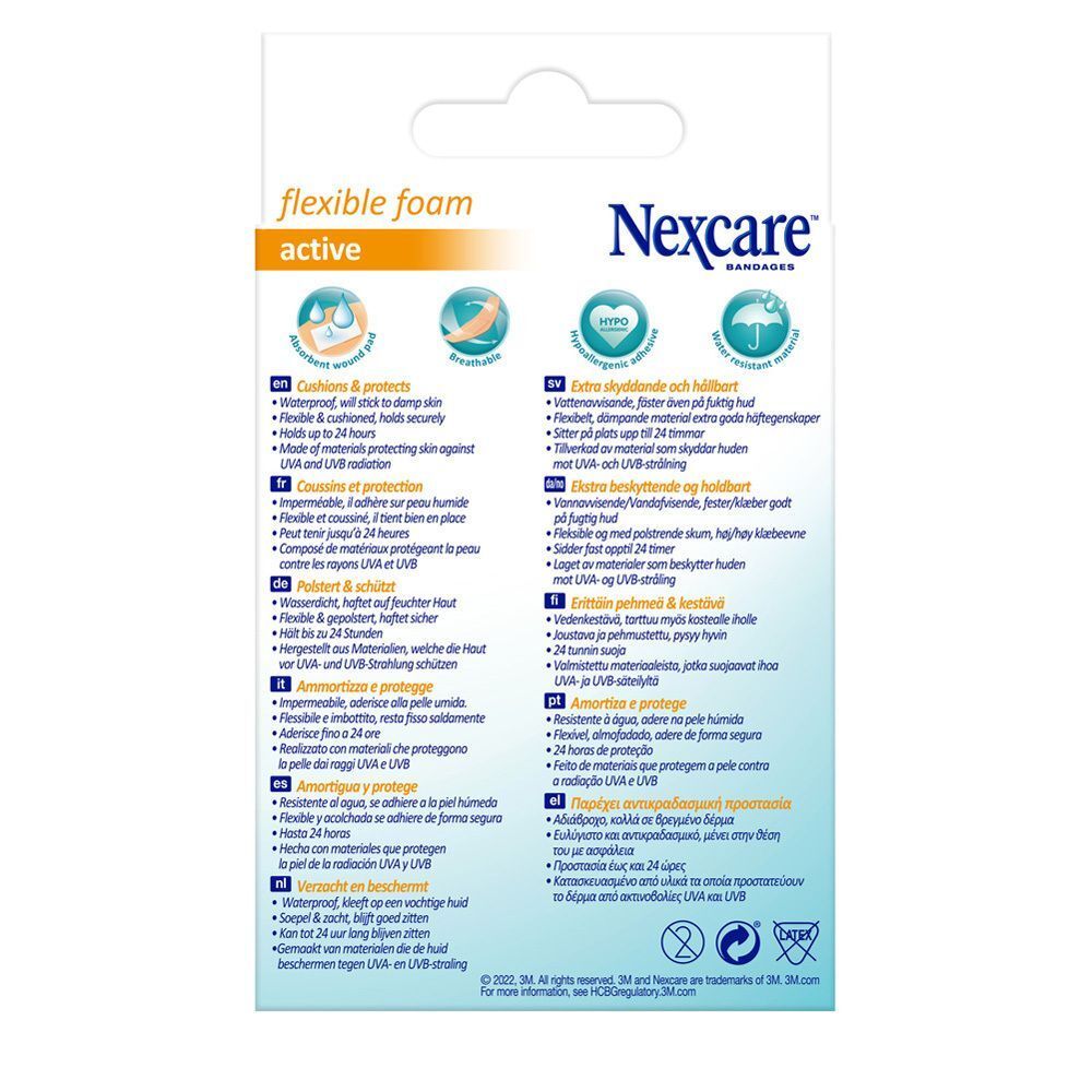 Rückseite der Nexcare flexible foam active Pflasterpackung. Informationen zu Eigenschaften und Inhaltsstoffen.