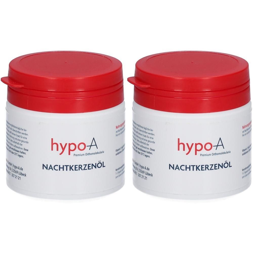 Zwei weiße Dosen mit roten Deckeln. Aufschrift "hypo-A Nachtkerzenöl".