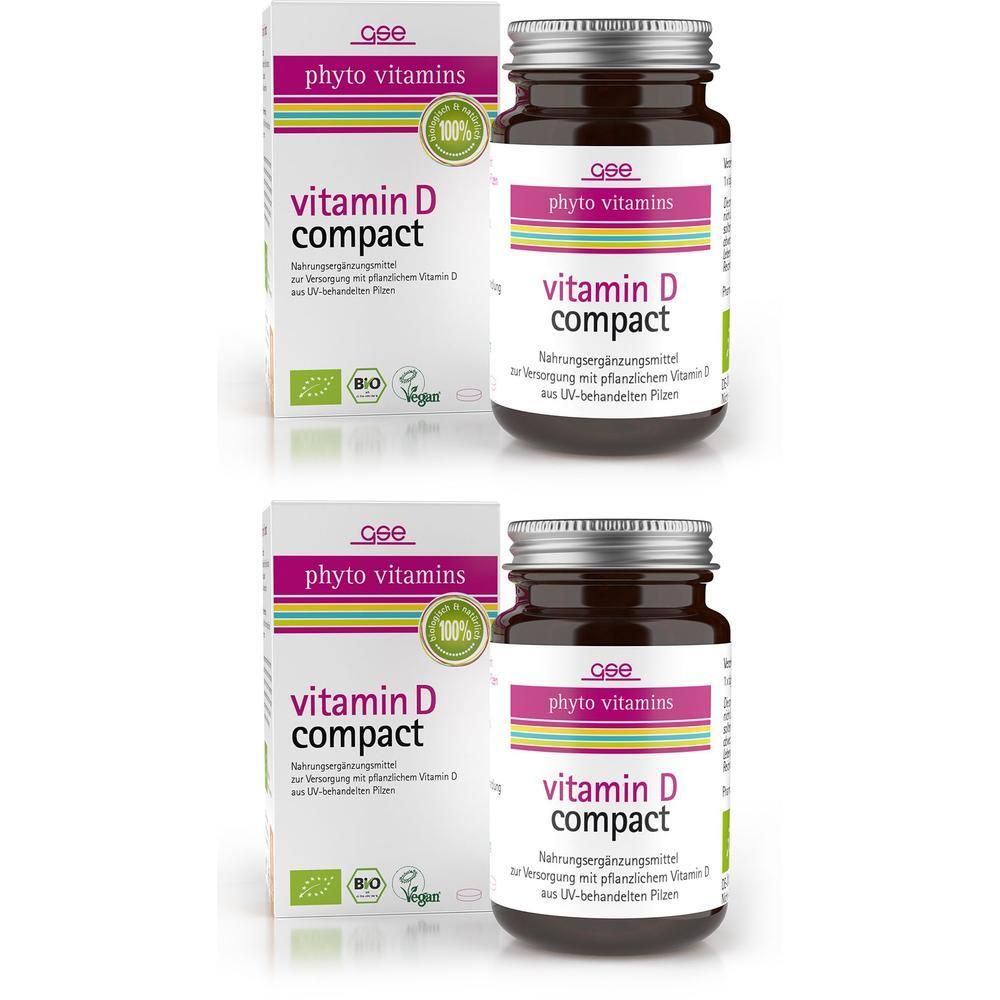 Zwei Packungen und Flaschen mit Vitamin D Compact. Aufschrift: GSE, Vitamin D compact, Nahrungsergänzungsmittel.