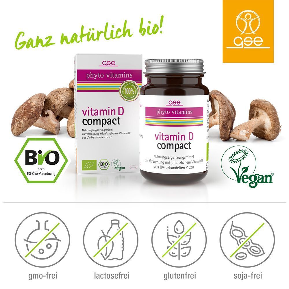 Vitamin D Compact mit Pilzen. Aufschrift: GSE, Vitamin D compact, BIO, Vegan. Symbole: gmo-frei, laktosefrei, glutenfrei, soja-frei.