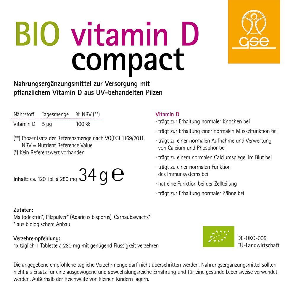 Nährwerttabelle für Vitamin D Compact. Angaben zu Vitamin D, Inhaltsstoffe, Verzehrempfehlung, BIO-Zertifizierung.
