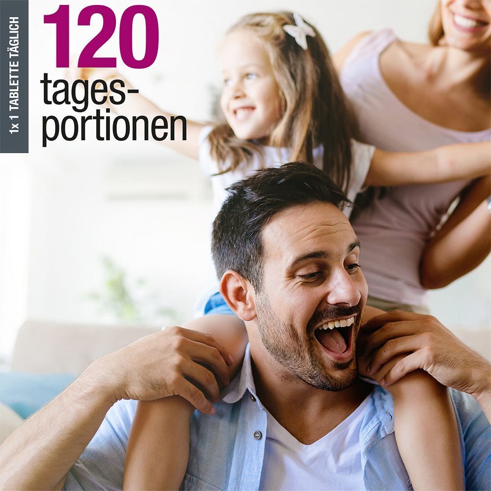 Familie mit Kind. Aufschrift: 120 Tagesportionen. Vater trägt Kind auf Schultern, Mutter lächelt.