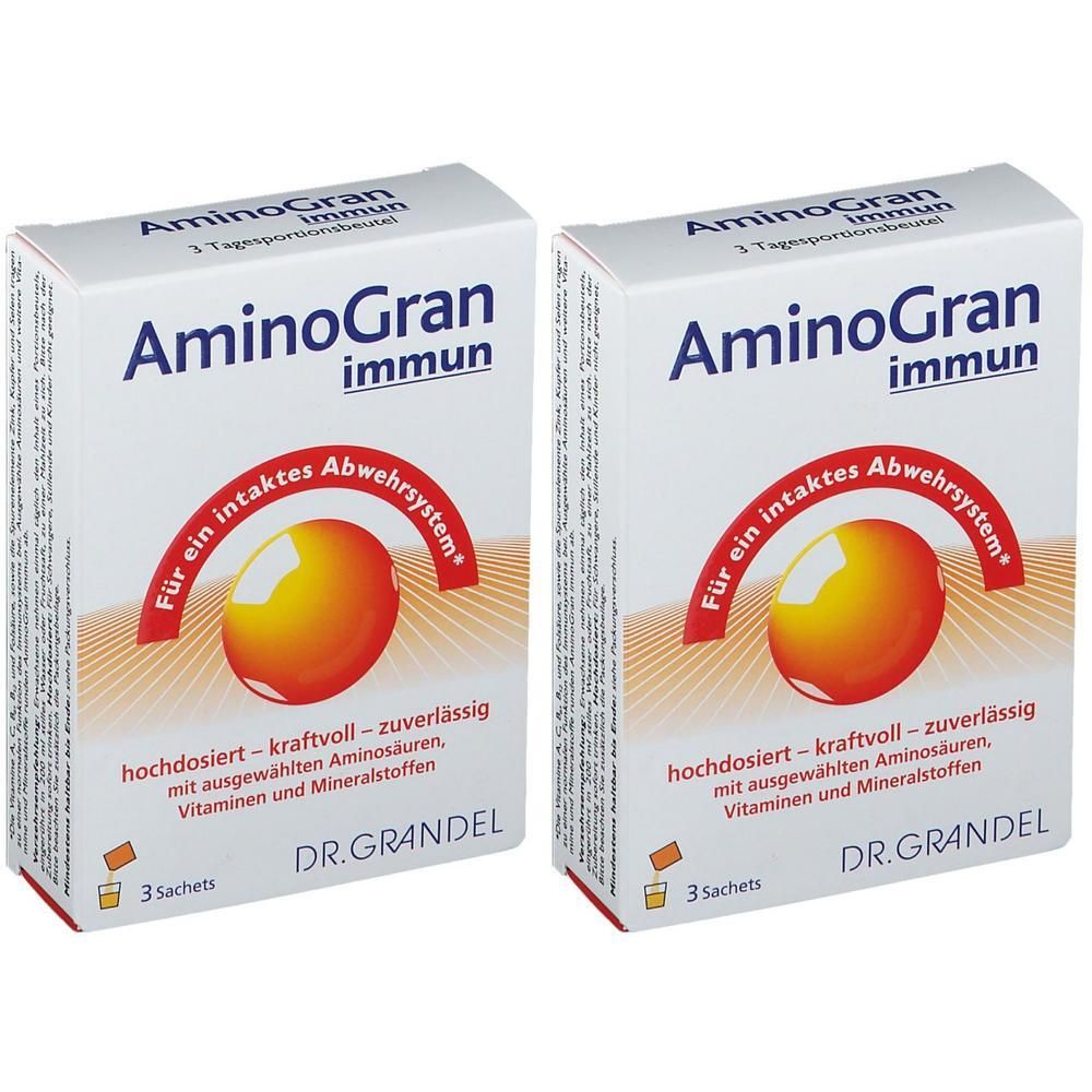 Zwei weiße Kartons mit Produktnamen AminoGran immun. Text: Für ein intaktes Abwehrsystem. DR. GRANDEL. 3 Sachets.