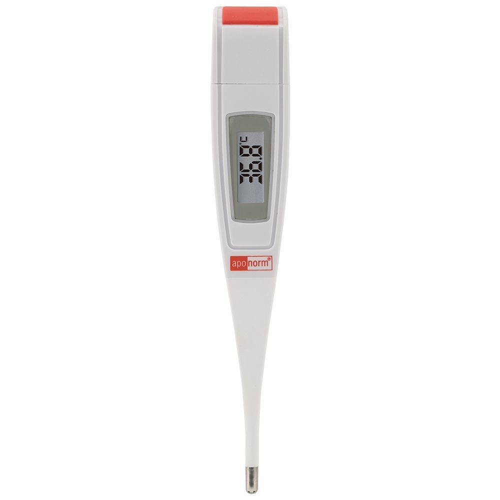 Digitales Fieberthermometer. Weißes Gehäuse, roter Akzent. Digitalanzeige mit Temperatur. Marke: Aponorm.