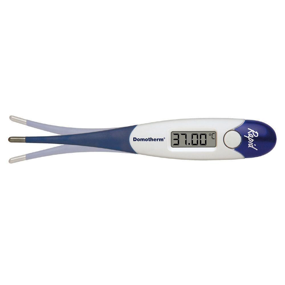 Digitales Thermometer. Weiß-blaues Gehäuse, Anzeige 37.00°C. Aufschrift: Domotherm Rapid.