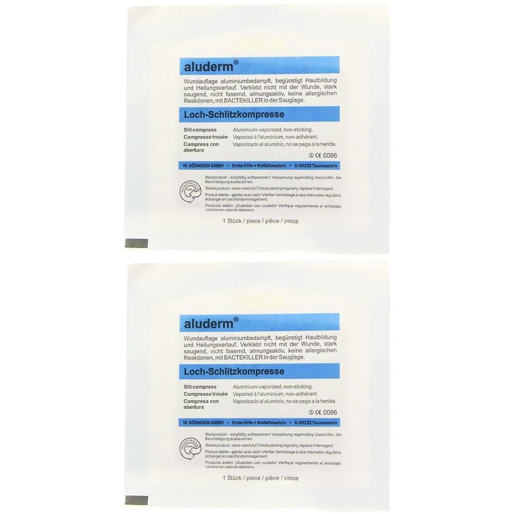 Zwei quadratische Verpackungen mit dem Produktnamen aluderm®. Text in Deutsch. Loch-Schlitzkompresse.