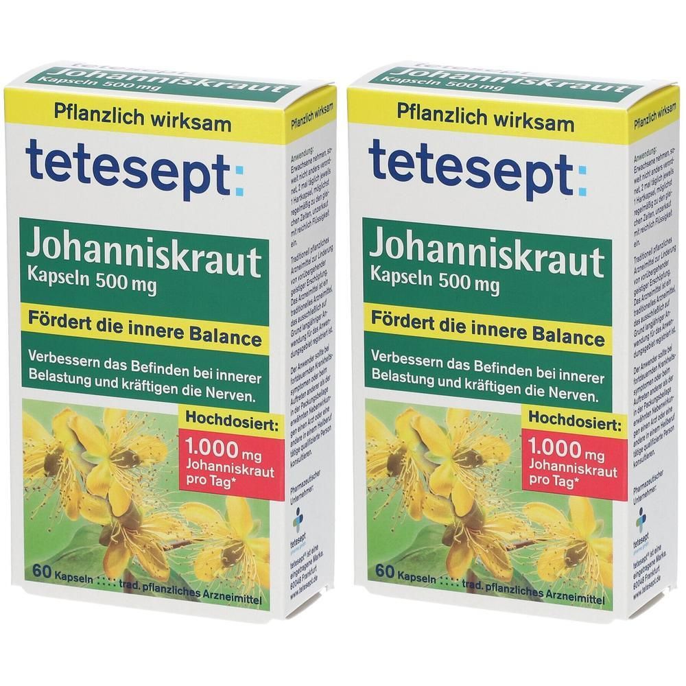 Zwei Packungen tetesept Johanniskraut Kapseln 500 mg mit Abbildung der Pflanze. 60 Kapseln pro Packung.
